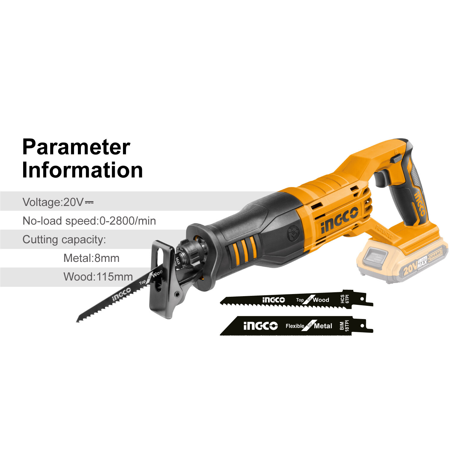 INGCO 20V Cordless Reciprocating Saw Lithium Wood Metal PVC Cutting W/t