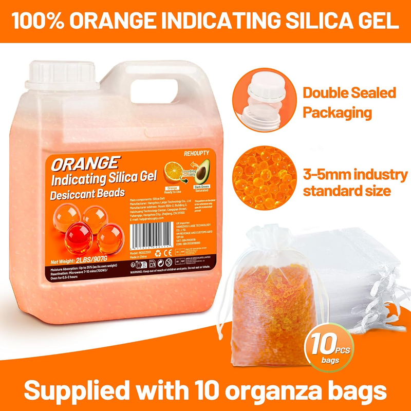 Orange Silica Desiccant Beads 2LBS, Reusable Indicating Silica Gel Beads, 3-5mm