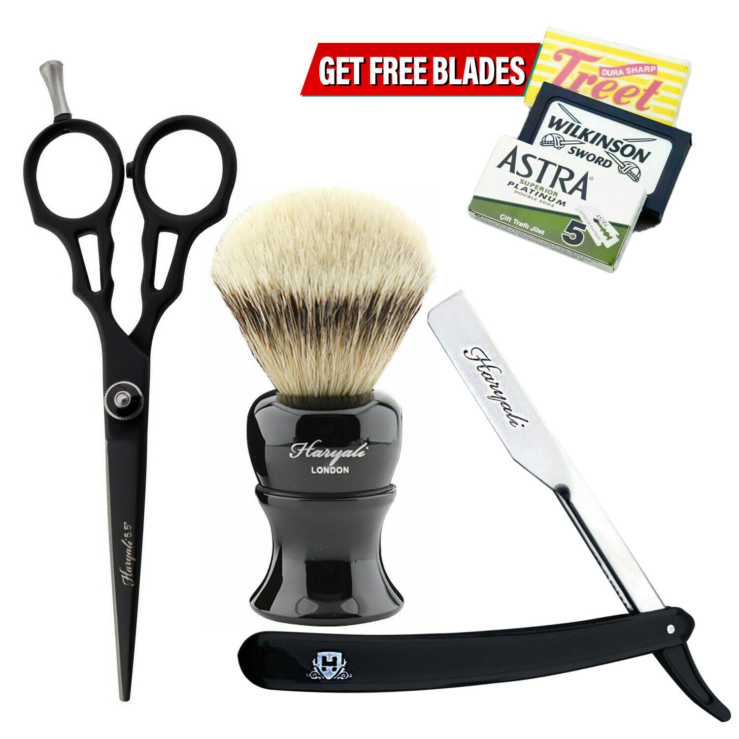 Haircutting & Men's Grooming Shaving Kit Black Razor Sharp Blade Scissors, Brush