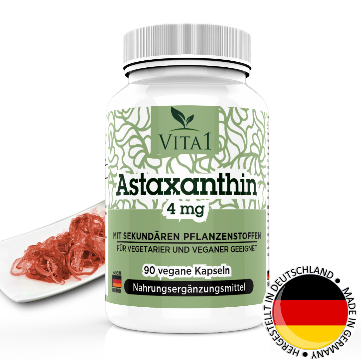 Astaxanthine 90 Gélules 4mg Rouge Algues Extrait Végétalien Made IN Allemagne