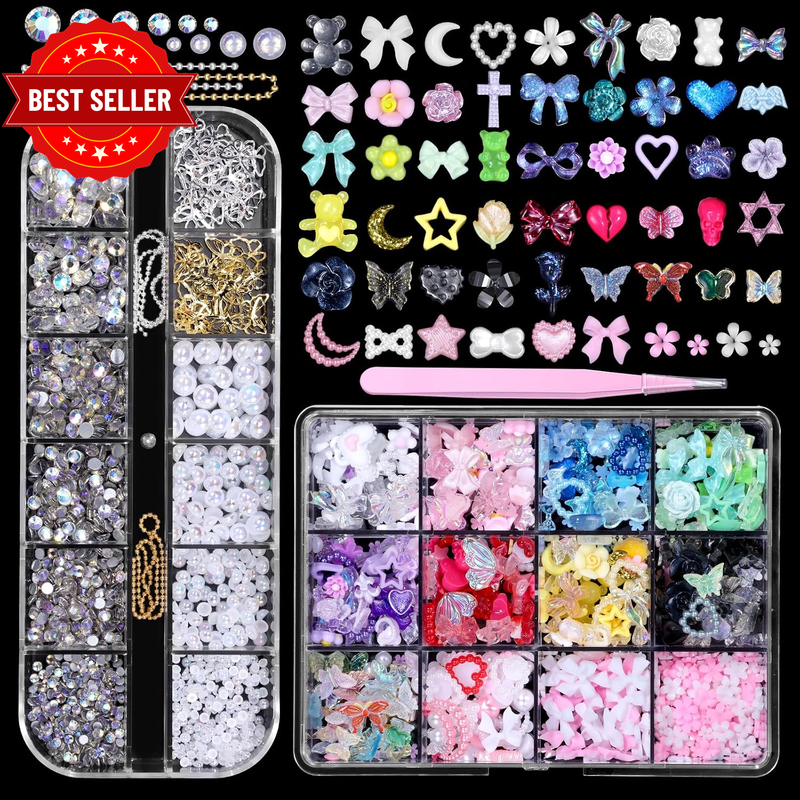 3D Nail Art Charms Set - Flower, Bow, Moon, Heart, Star, Butterfly, Blossom, Hal