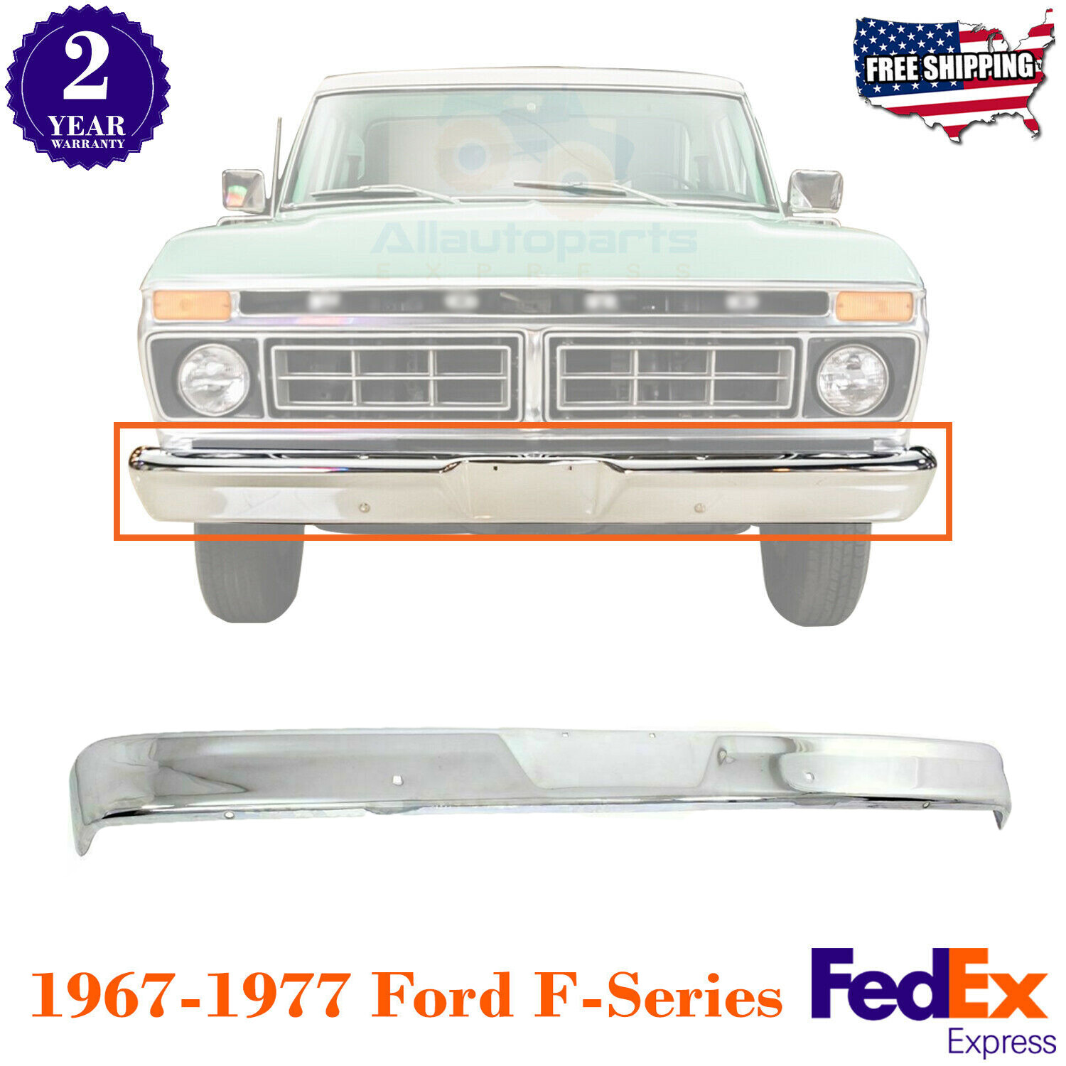 Front Bumper Chrome Steel For 1967-1977 Ford F-100 F-250 F