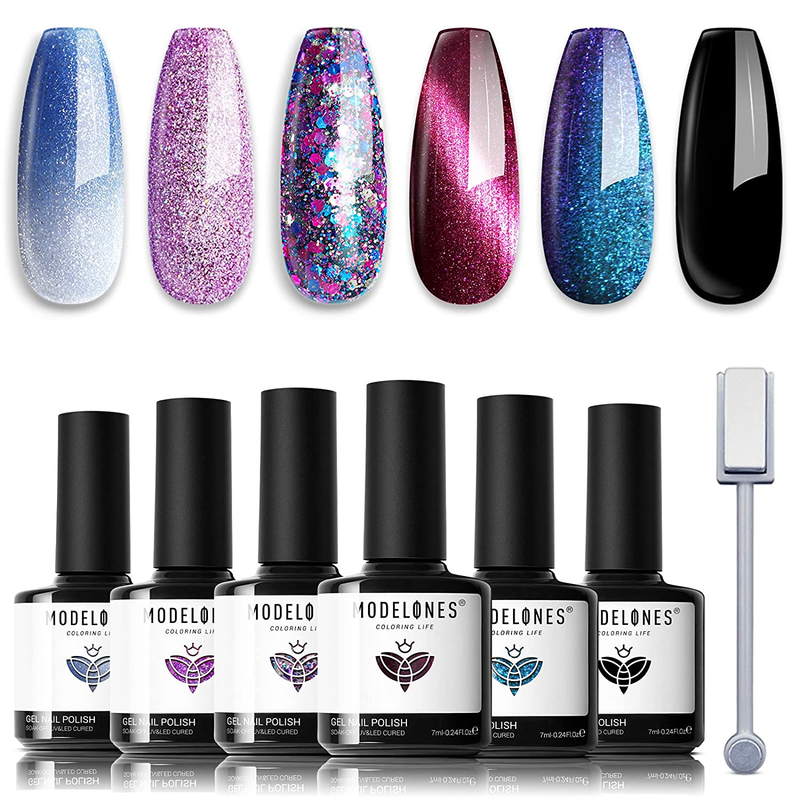Modelones Glitter Gel Nail Polish Set 6 Colors, Summer Color Changing Blue Cat E