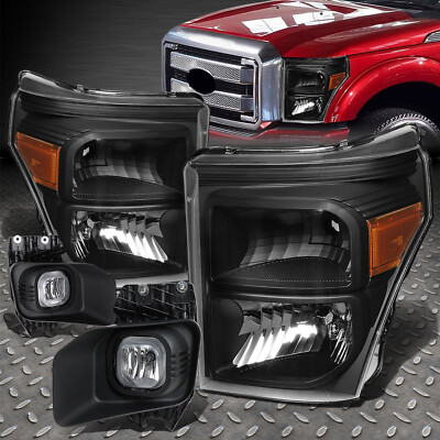 ДЛЯ 11-16 FORD F250-F550 ЧЕРНЫЕ/ЯНТАРНЫЕ ФАРЫ + ХРУСТАЛЬНЫЕ ПРОТИВОТУМАННЫЕ ФАРЫ + РАМКА +ВЫКЛЮЧАТЕЛЬ