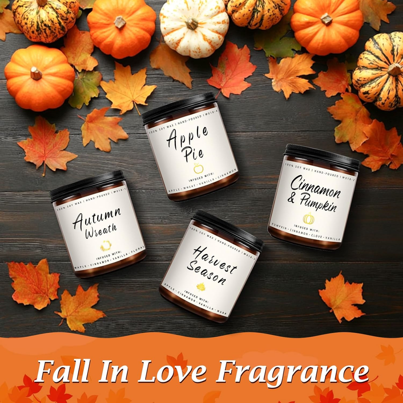 Fall Candle Set | 4-Pack Scented Soy Candles for Home - Autumn Candle Set, Gifts