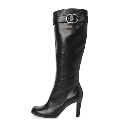GUCCI KNEE HIGH BOOTS BLACK LEATHER INTERLOCKING GG 370608