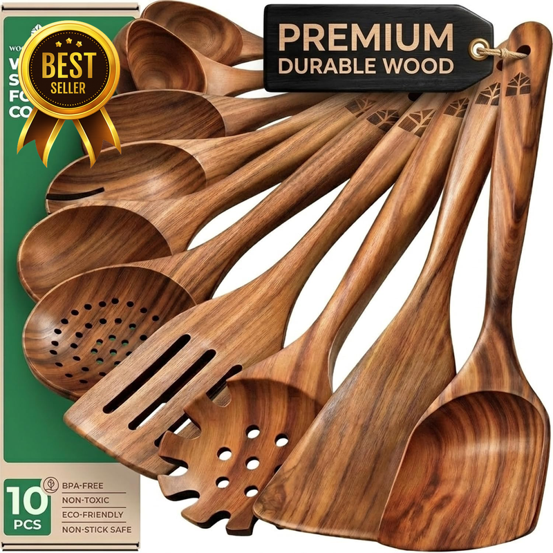 Wooden Spoons for Cooking – 10 Pcs Non Toxic Teak Kitchen Utensils Set