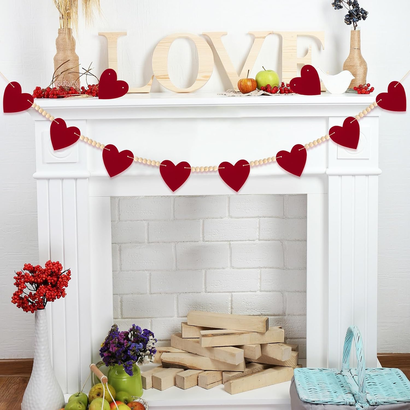 Valentines Decorations Felt Hearts Banner Garlands with Wood Beads Happy Valenti