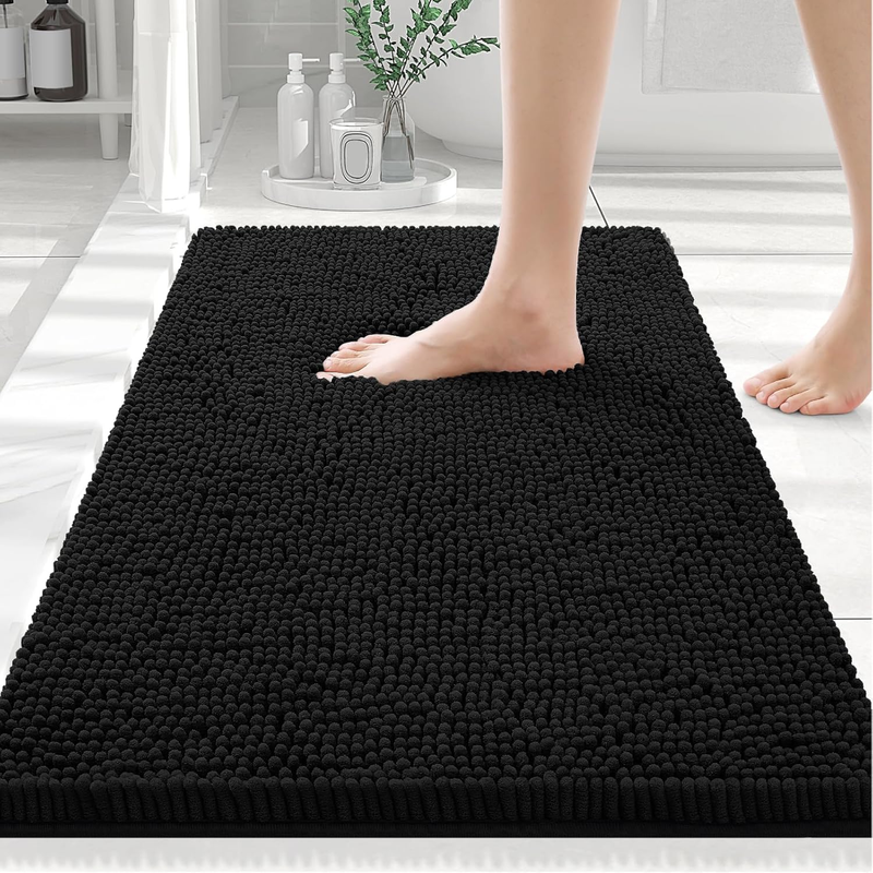 Luxury Chenille Bathroom Rugs 30X20, Extra Soft and Absorbent Shaggy Bath Mat, Machine Washable, Non-Slip Plush Carpet Runner for Tub, Shower, and Floor, Home Decor Accessories, Black