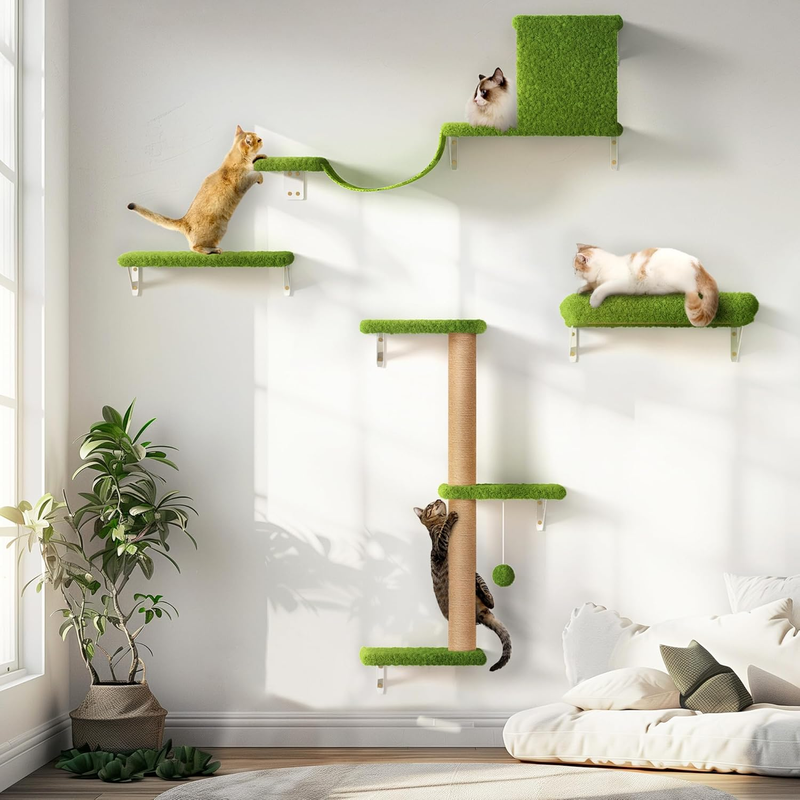 Cat Wall Shelves, Stable & Safe 4 in 1 Cat Wall Furniture Set, Wooden Cat Climbing Wall with Scratching Post, Cat Bridge and Cat Bed, Stylish Cat Jungle Gym for 16 Inch Drywall - Green