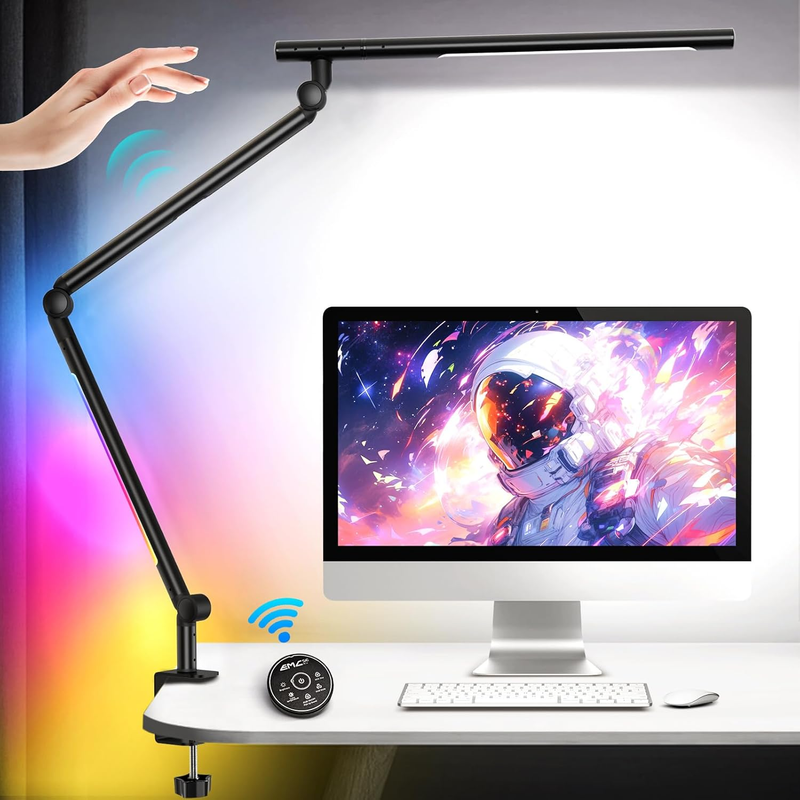 LED Desk Lamp with Clamp, 18W Dual Light Architect Desk Light, Adjustable Swing Arm RGB Light Sensor Switch, Eye-Caring 4 Modes Stepless Dimming Table Lamp for Home Office Reading Study Gaming