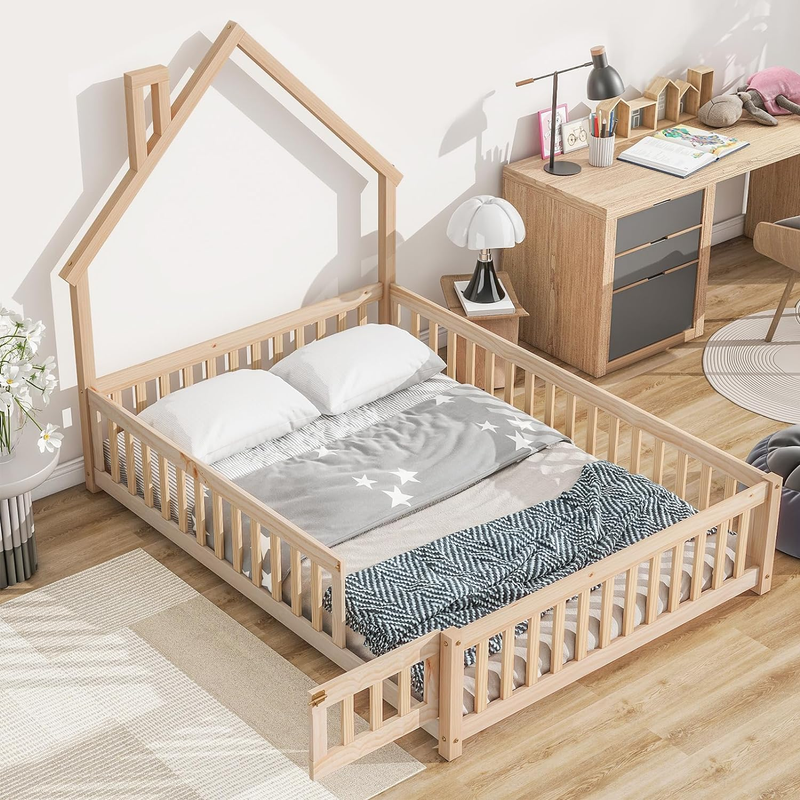 Twin Montessori Floor Bed Frame with Railings and Door, House Bed for Kids, Wood