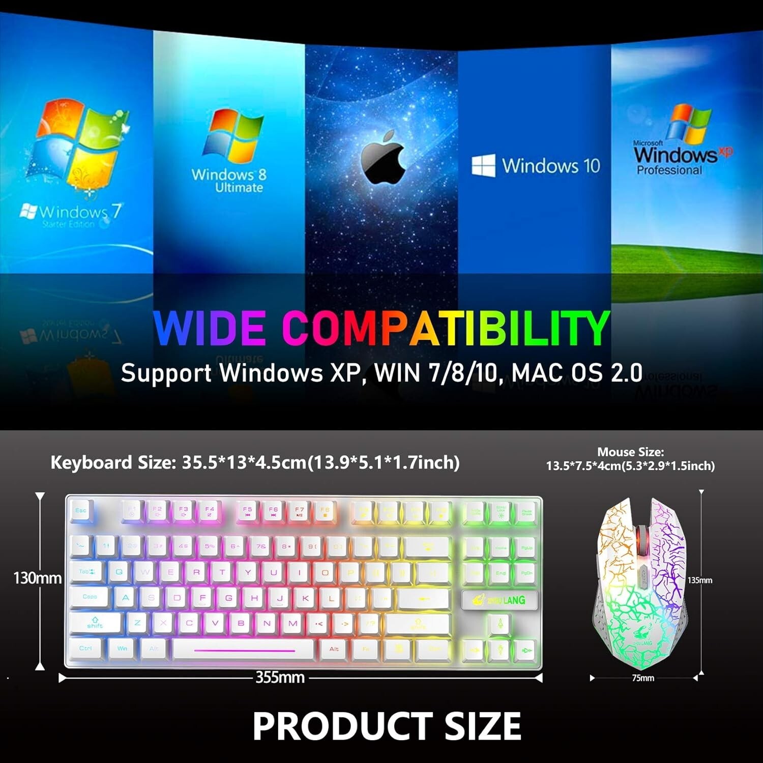 ZIYOU LANG T87 Wireless Gaming Keyboard and Mouse Combo with 87 Key Rainbow LED