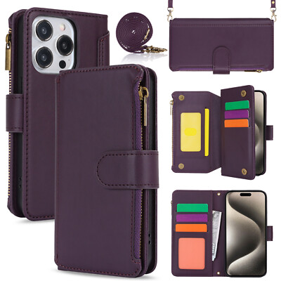For iPhone 15 Pro Max /14 Crossbody PU Leather Card Wallet Phone Case With Strap