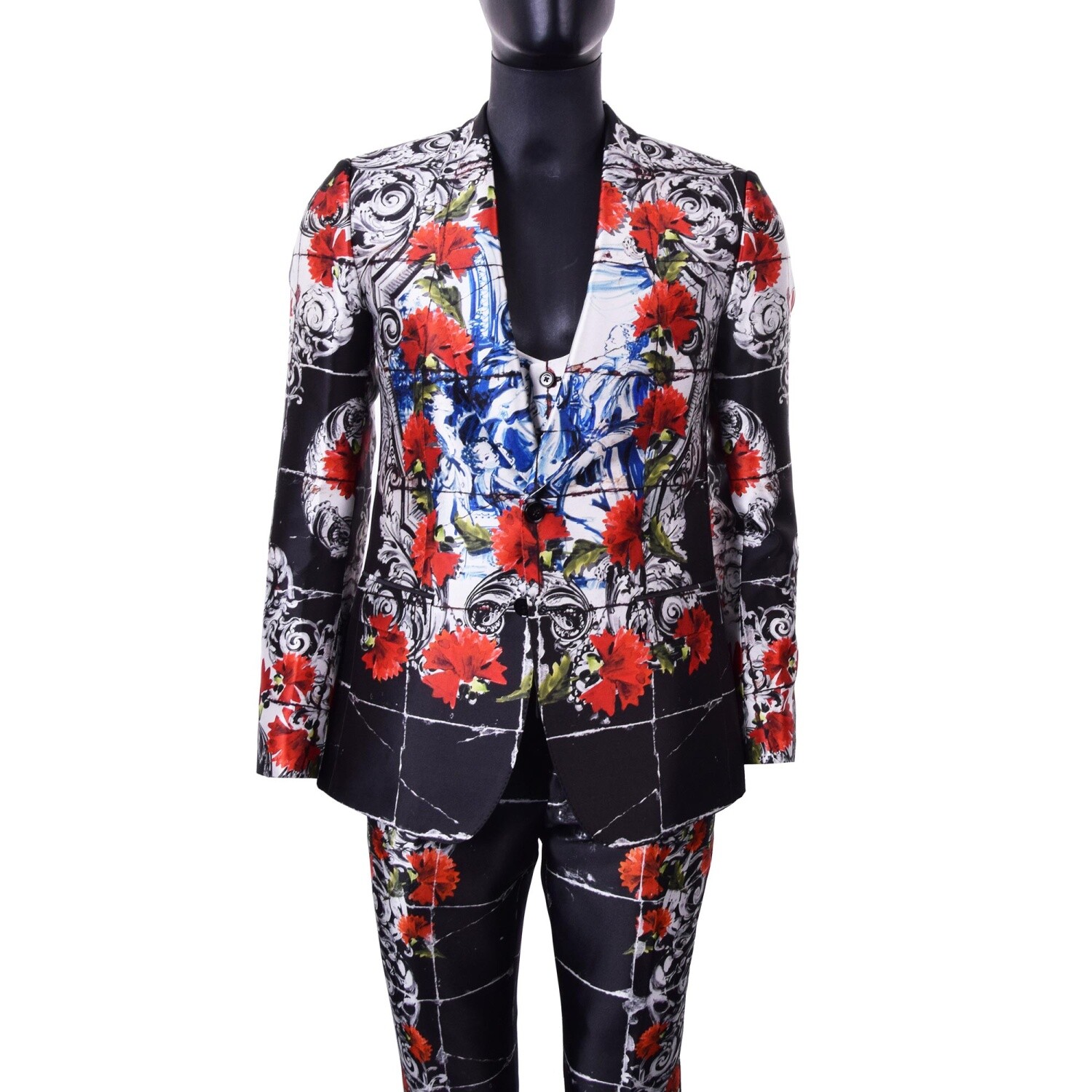 Pre-owned Dolce & Gabbana 3-piece Torero Carnation Print Silk Suit Black White Red 06908