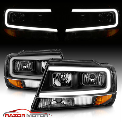 [LED Bar]1999-2004 For Jeep Grand Cherokee Black LED Bar Headlights Set