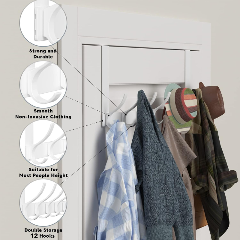Over The Door Hooks, Sturdy Door Hanger, Large Over The Door Towel Rack with 12