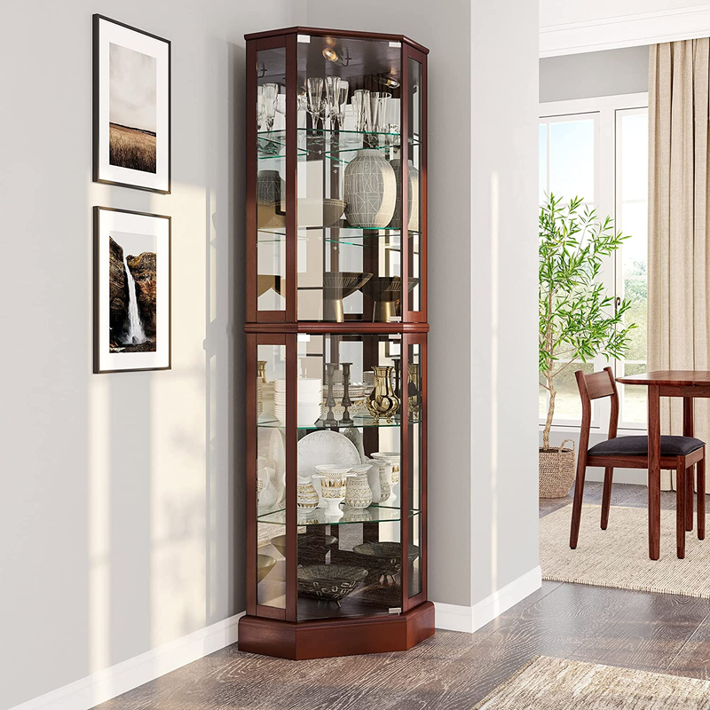 Lighted Corner Display Curio Cabinet Wooden Curved Shelving Unit with Tempered G