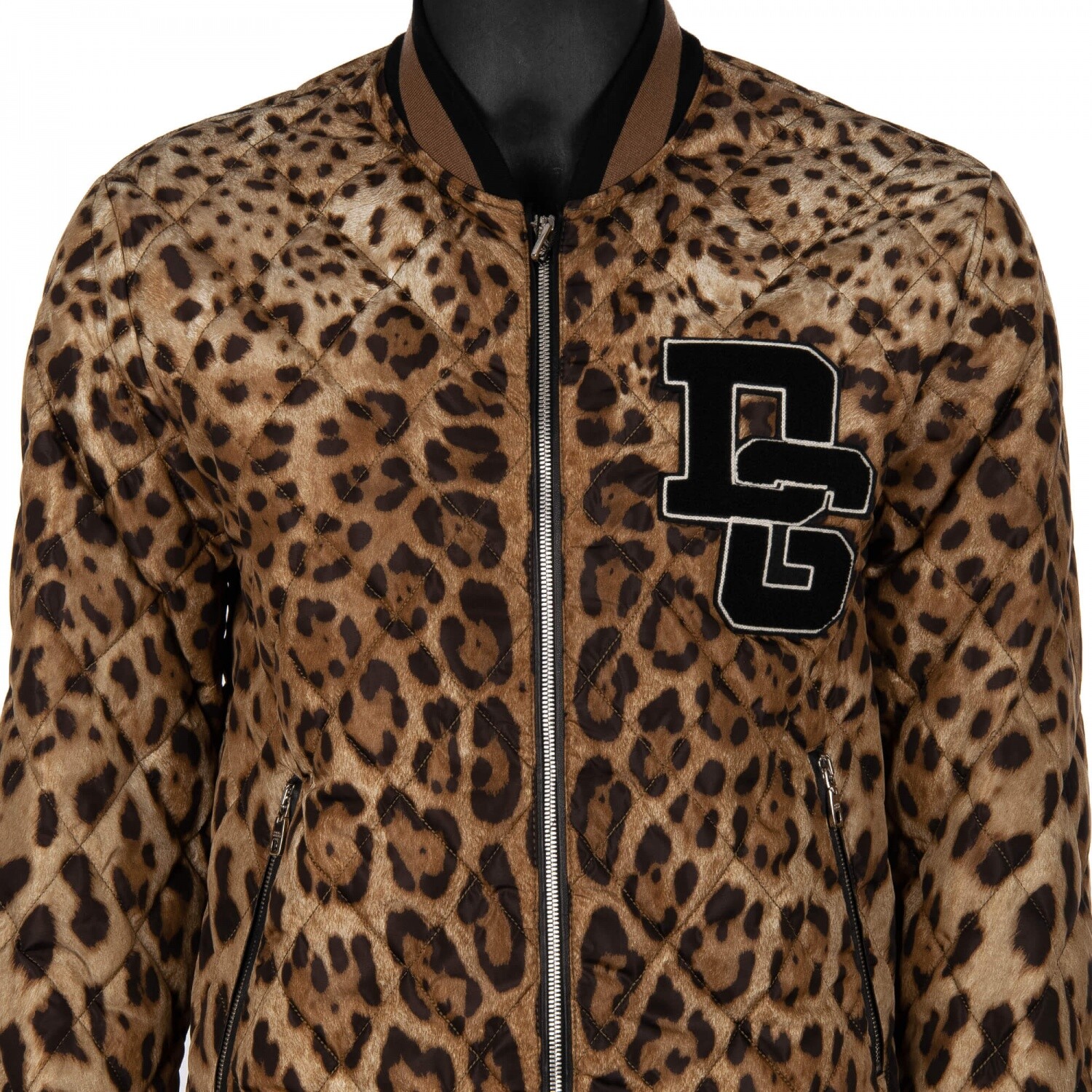 Pre-owned Dolce & Gabbana Leopard Print Quilted Bomber Jacket Dg Logo Brown Black 09026