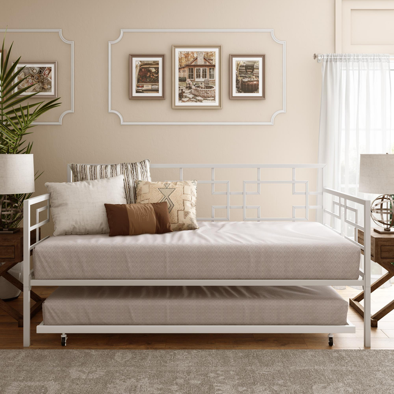 Daybed Frame Twin Bed with Trundle Kids Bedroom Guest Room Durable Metal White