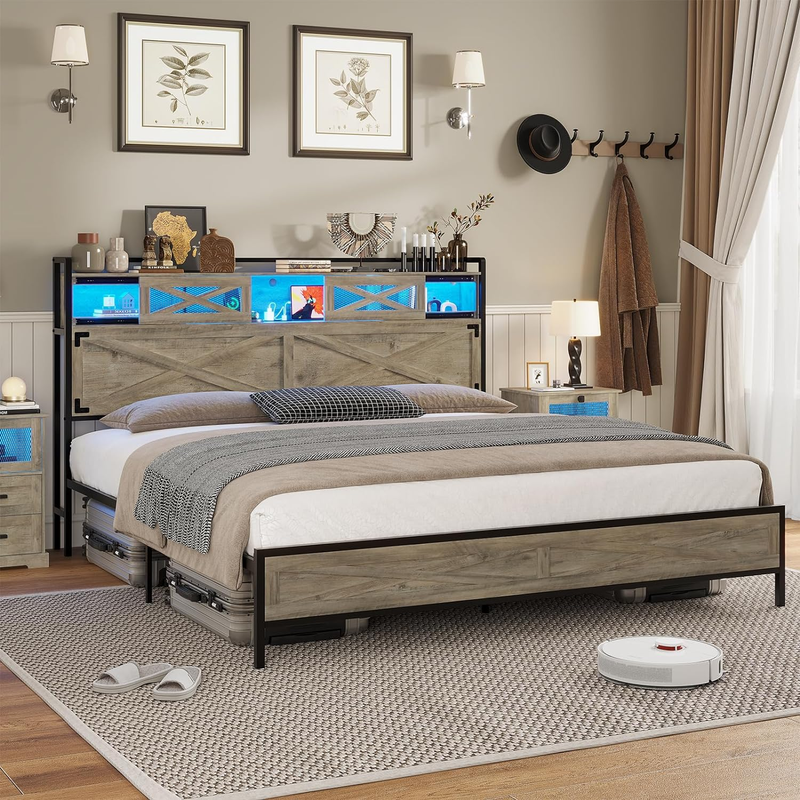Hasuit Farmhouse Bed Frame Queen Size with LED Lights and Charging Station, Rust