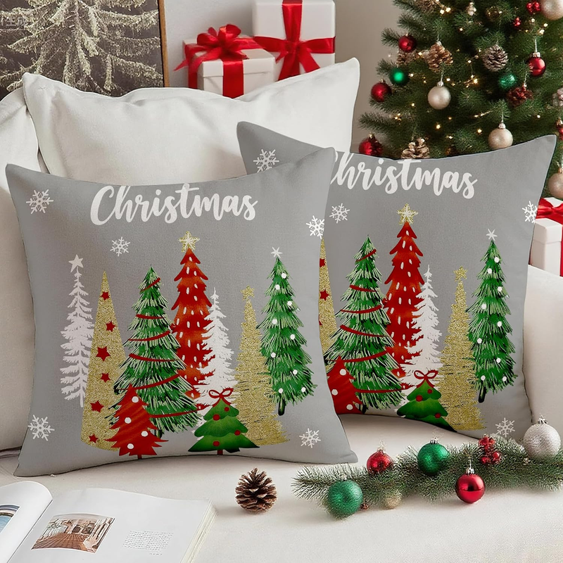 Grau Chrismas Weihnachtsbaum Kissenbezug 40X40 Cm 2Er Set Samt Winter Schneefloc