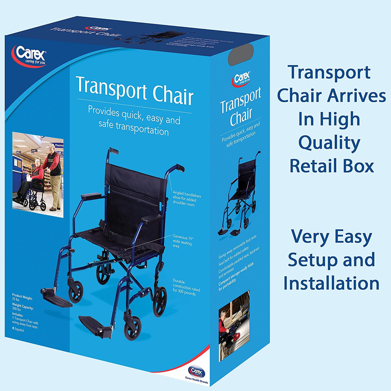Carex Transport Wheelchair with 19 Inch Seat - Folding Transport Chair with Foot