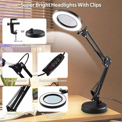 USB Magnifying Glass with LED Light 10X Magnifier Crafts Reading Desk Stand Lamp