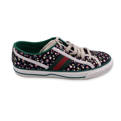 Authentic Gucci Black Floral Cotton Tennis 1977 Low Top