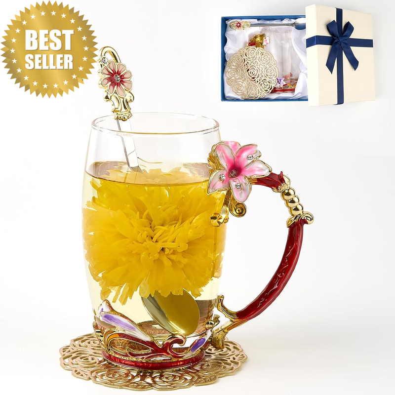 Flower Tea Cup,Daisy Flower Clear Glass Fancy Coffee Mug with Spoon,Gift Box for