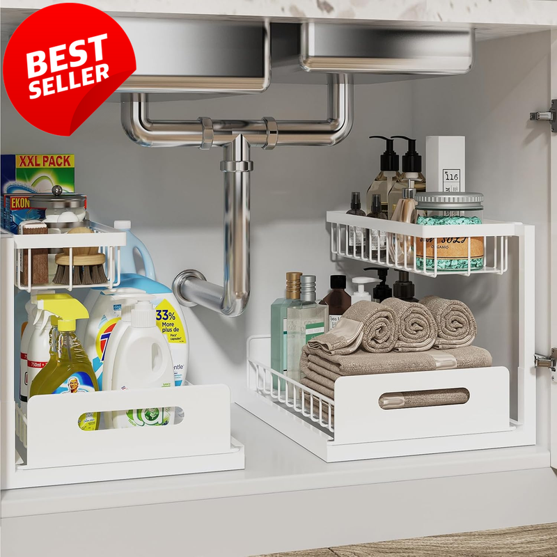 Under Sink Organizer Pull Out Cabinet 2 Tier Slide Shelf Storage 2 Pack White -