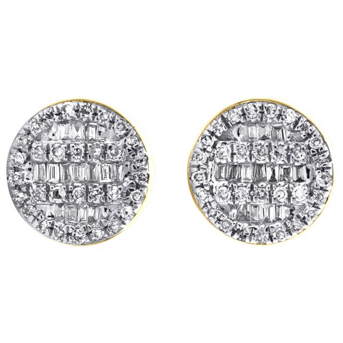 Pre-owned Jfl Diamonds & Timepieces 10k Yellow Gold Round & Baguette Cut Diamond Circle Earrings 8.50mm Stud 1/3 Ct. In White