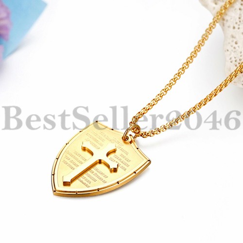 Men Shield Armor of God Ephesians 6:16-17 Faith Cross Necklace Pendant Chain 24"