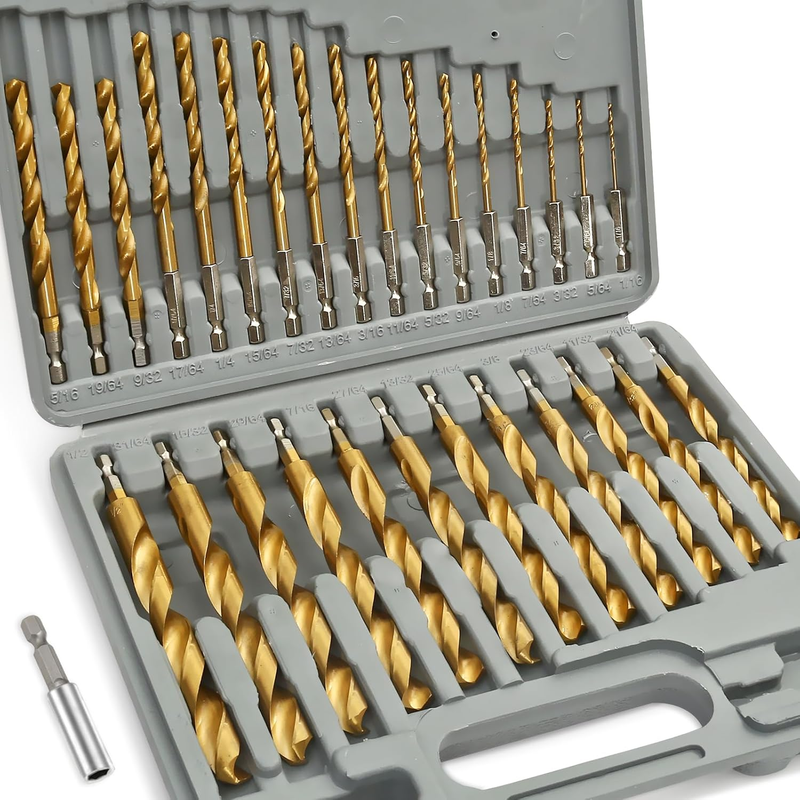 Titanium Impact Drill Bit Set 30Pcs Hex Shank HSS, 1/16