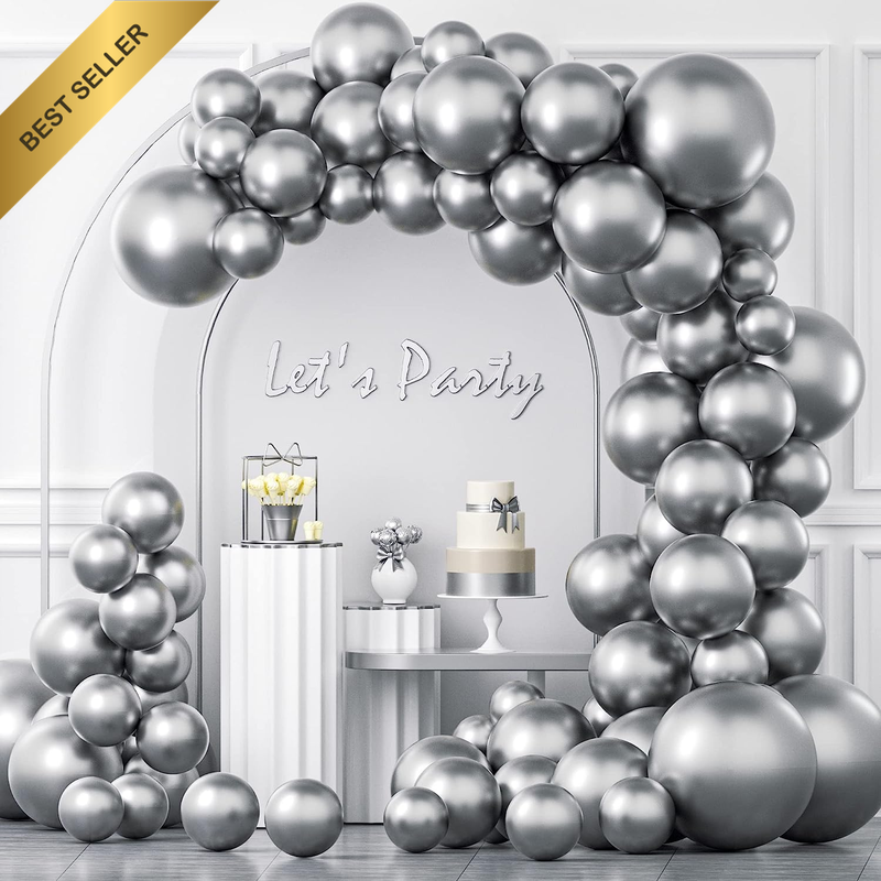 125PCS Silver Chrome Metallic Balloon Kit 5 10 12 18in Latex Party Decor