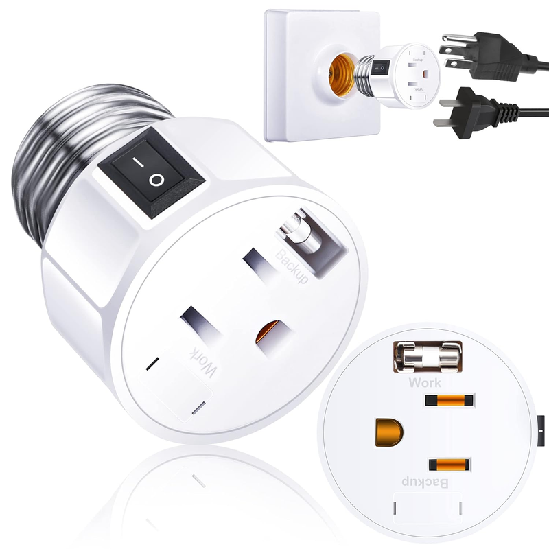2/3 Prong Light Socket to Plug Adapter with 2 Spare Fuses and Switch, E26/E27 Li