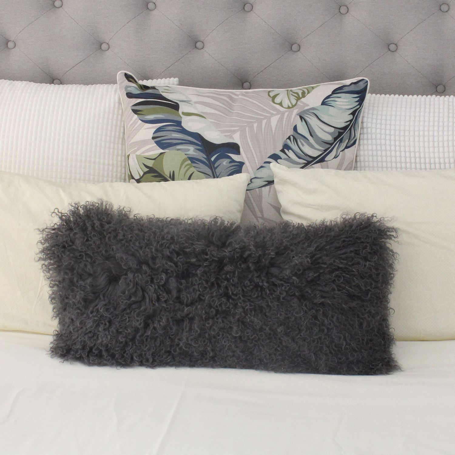 Grey Mongolian Fur Sheepskin Rectangle Lumbar Cushion 30x60cm