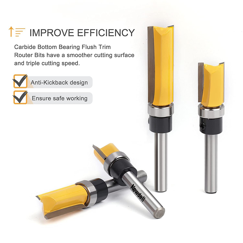 Pattern Flush Trim Router Bit Set,  Straight Cut Router Bit with a Bearing Preve