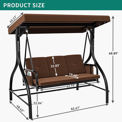 Outdoor 3-Person Patio Swing Chair Porch Swing with Adjustable Canopy Cushion