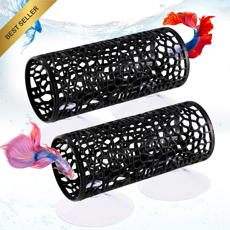 2Pcs Betta Fish Tunnels, Black Aquarium Hideout Cave with 4 Suction Cups Safe Sm