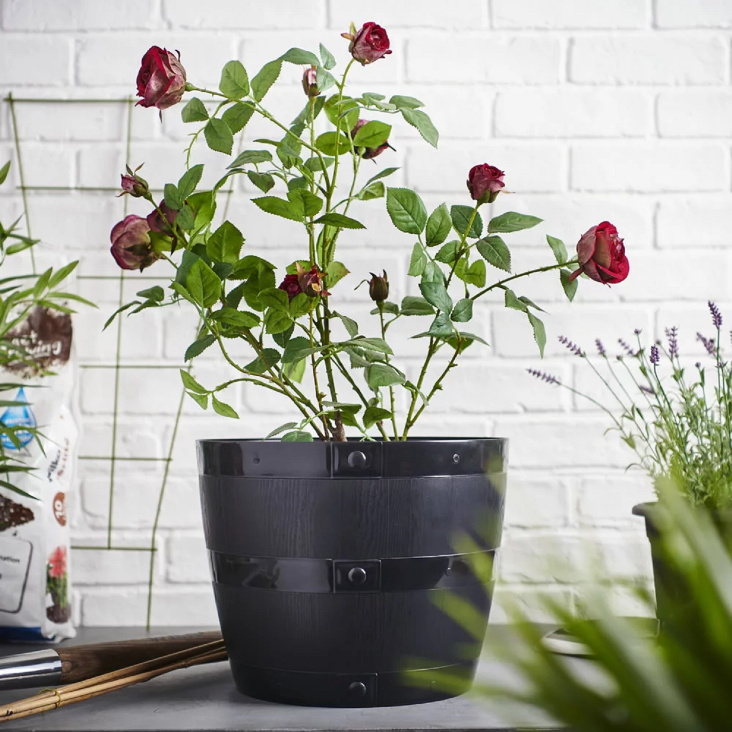 Lot de 2 Plastique Bois Grain Effet tonneau bac jardiniere pot-Noir 34 cm Planters