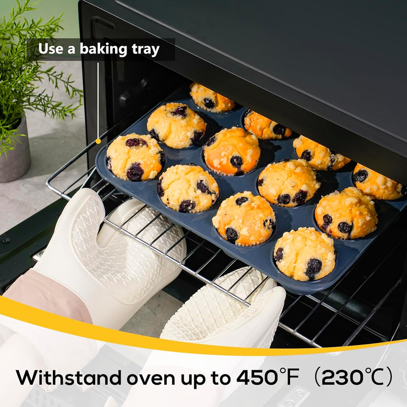 2 Pack Silicone Muffin Baking Pan & Cupcake Tray 12 Cup - Nonstick Cake Molds/Ti