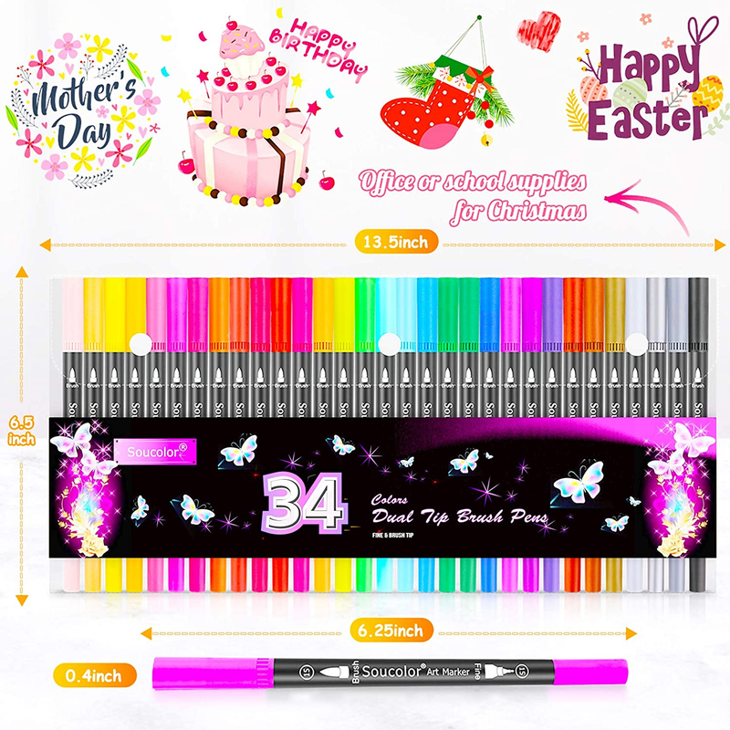Art Brush Markers Pens for Adult Coloring Books, 34 Colors Numbered Dual Tip (Br