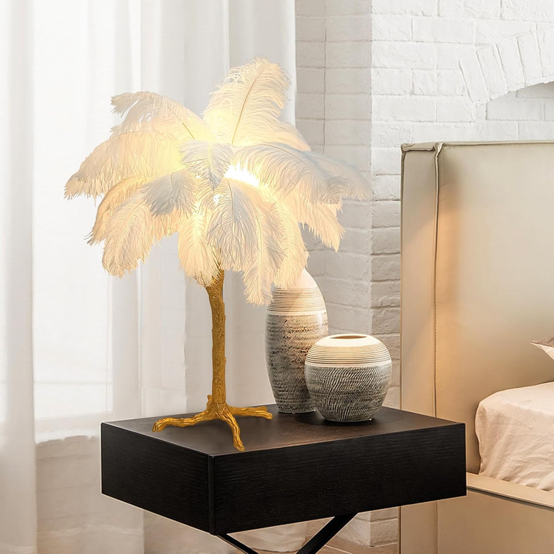 White Ostrich Lamp Creative Feather Table Lamp Europe Bedside Whimsical Lamp for Girls Romantic Wedding Gift Deco Fluffy Desk Light G4*3 for Living Room Bedroom Hotel Entryway Home Office