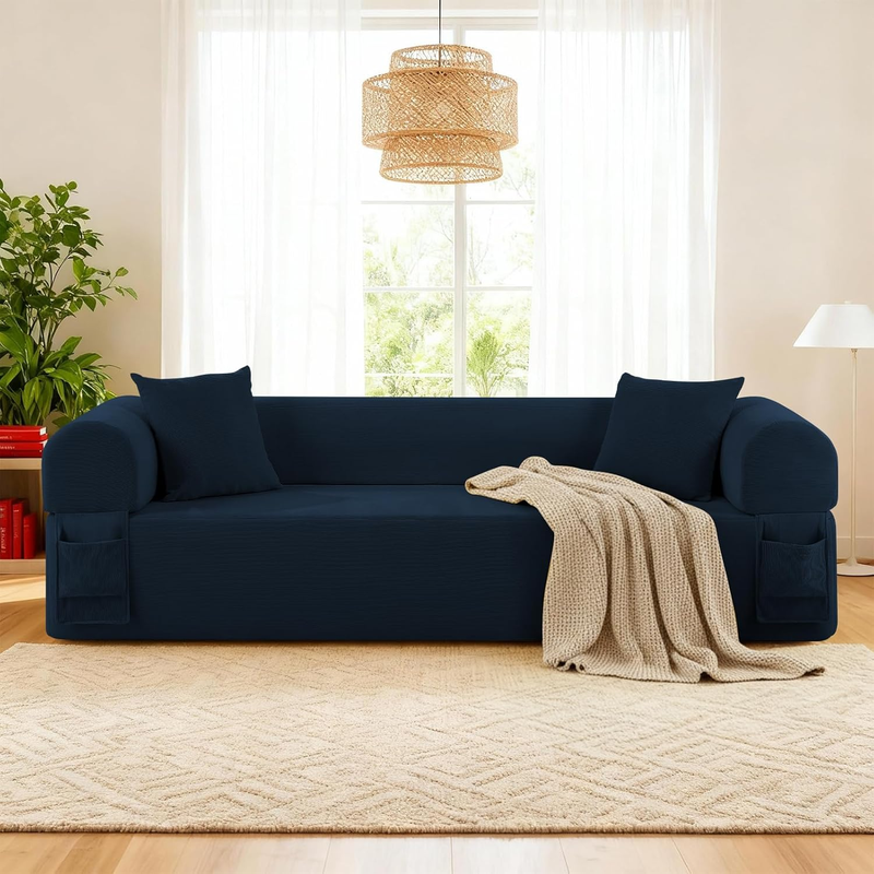 3 Seater Couch, Corduroy Boneless Couches for Living Room,Compressed Cloud Sofa in a Box with 2 Pillows & Storage Bag,Memory Foam Floor Sofa with Armrests,No Assembly Required,Blue