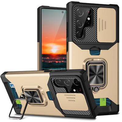 For Samsung S24 Plus S23 Ultra S22 S21 Note20 Case Ring Card Holder Slide Camera