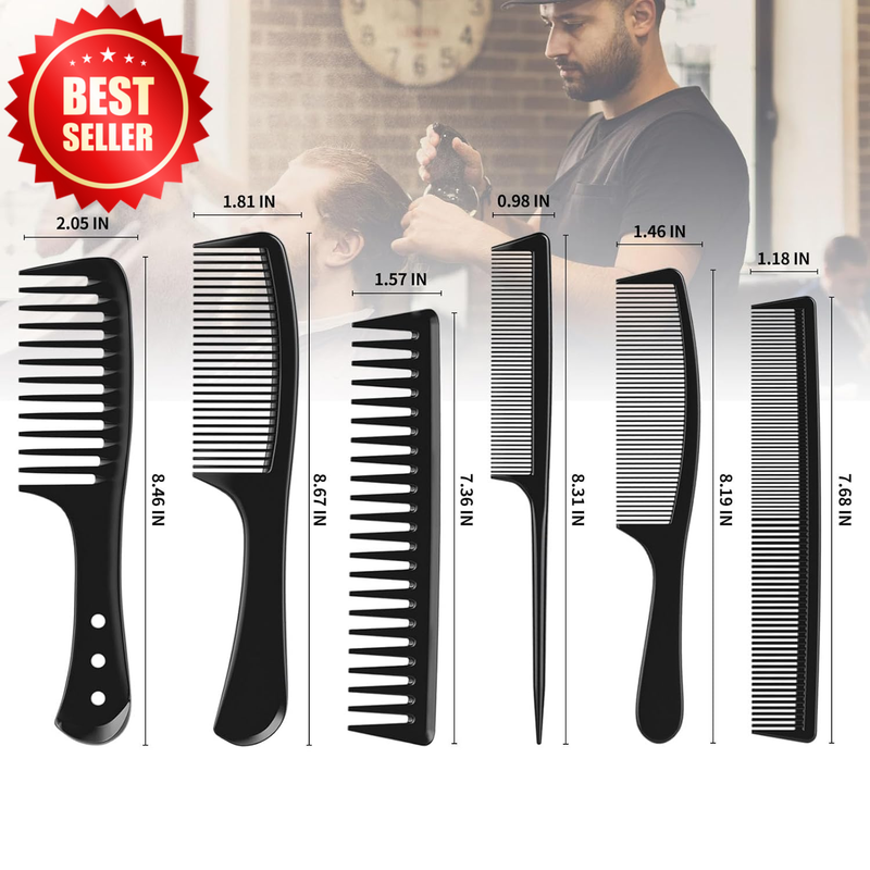 6 Pcs Hair Comb Set Black Wide Fine Tooth Rat Tail Barber Professional US