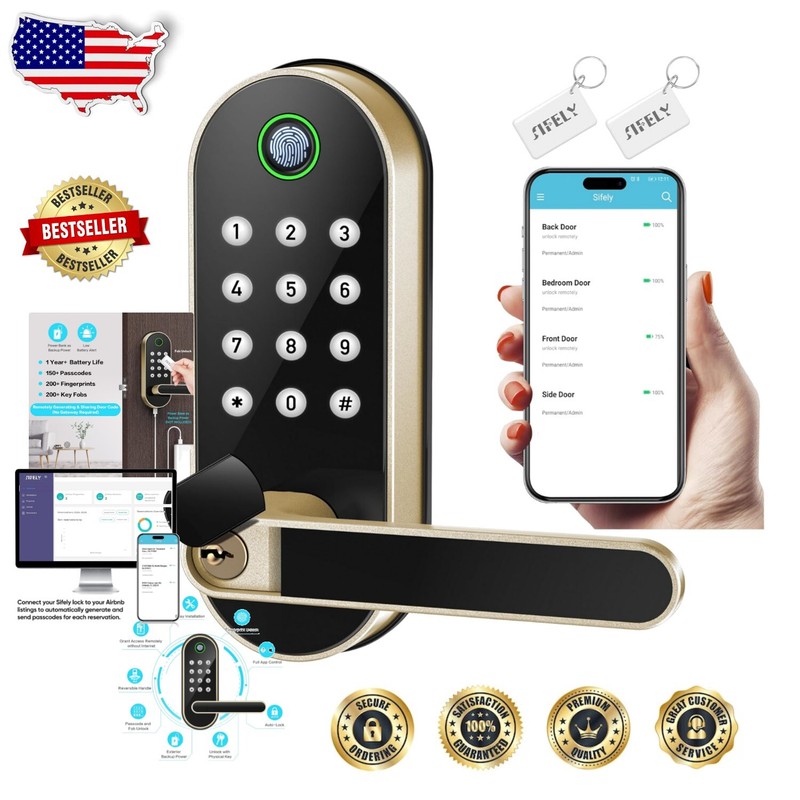 Smart Fingerprint Door Lock - Keyless Entry in Gold for
