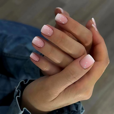 Gradient French Tip Press on Nails Short Square Fake Nails Ombre
