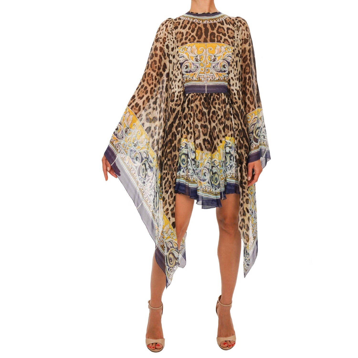 

DOLCE - GABBANA Шелковое платье St.Barth с леопардовым принтом и майоликой IT 42 US 6 S 12835, Коричневый